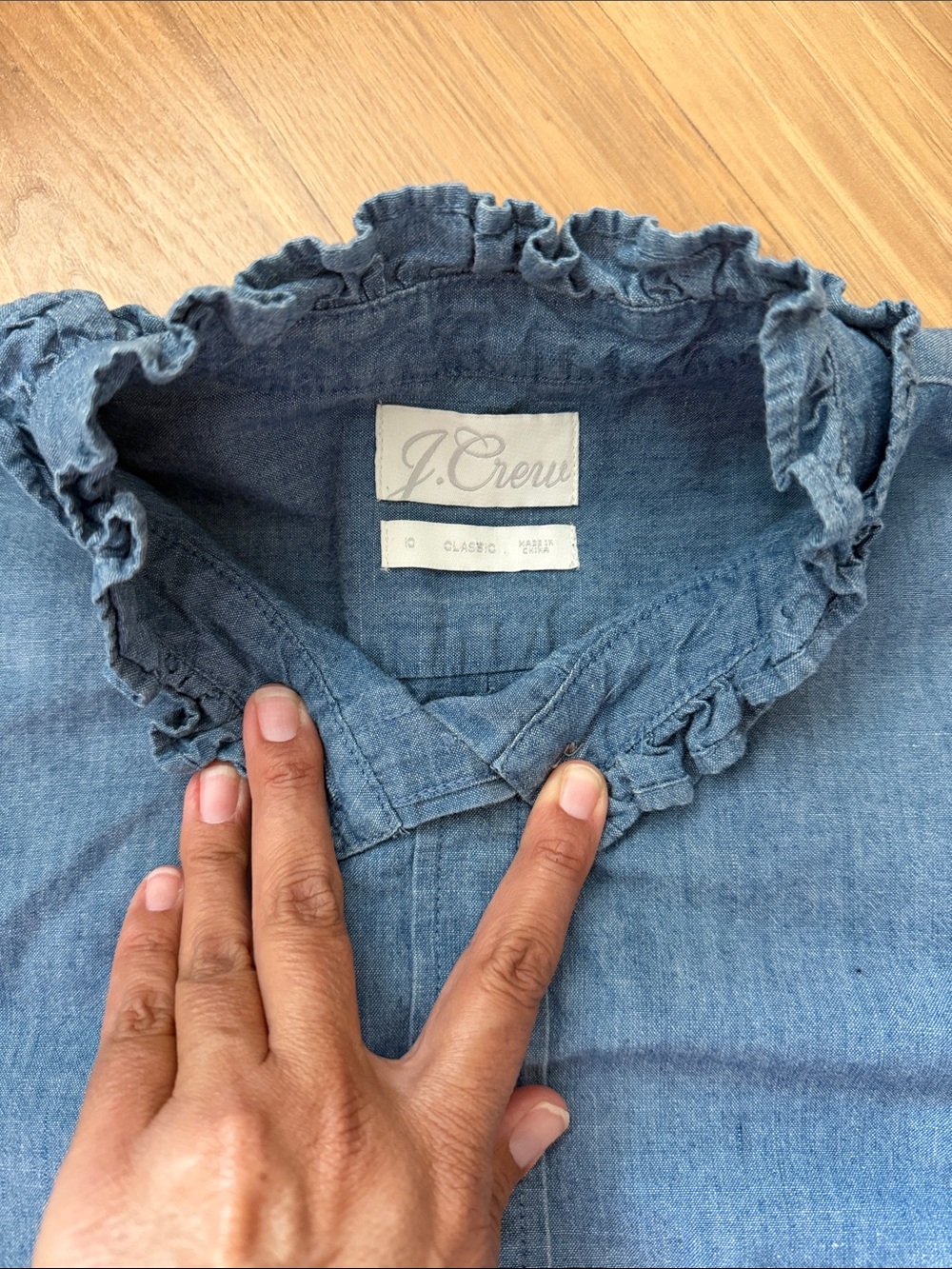 J. Crew Chambray Ruffle Collar Button-Up Blouse sz 10 - Picture 2 of 7